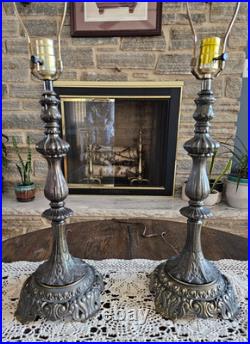 Vintage Pair Cast Metal Spelter Bronze/Brass Tone Footed Table Lamps Ornate