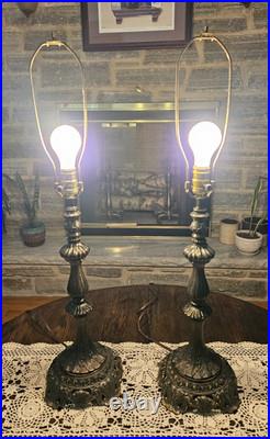Vintage Pair Cast Metal Spelter Bronze/Brass Tone Footed Table Lamps Ornate