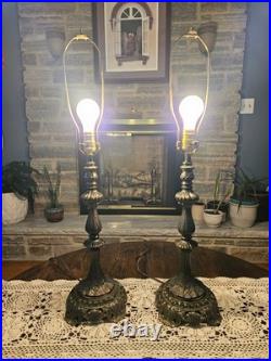 Vintage Pair Cast Metal Spelter Bronze/Brass Tone Footed Table Lamps Ornate