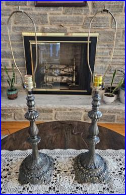 Vintage Pair Cast Metal Spelter Bronze/Brass Tone Footed Table Lamps Ornate