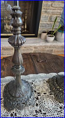 Vintage Pair Cast Metal Spelter Bronze/Brass Tone Footed Table Lamps Ornate