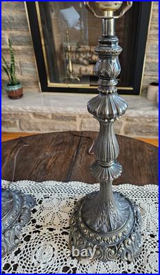 Vintage Pair Cast Metal Spelter Bronze/Brass Tone Footed Table Lamps Ornate