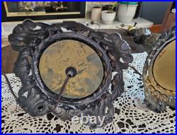 Vintage Pair Cast Metal Spelter Bronze/Brass Tone Footed Table Lamps Ornate