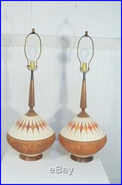Vintage Pair Danish Modern Ceramic Orange Teak Wood Atomic Age Table Lamps