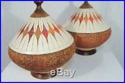 Vintage Pair Danish Modern Ceramic Orange Teak Wood Atomic Age Table Lamps