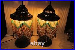 Vintage Pair Dresser Table Mantle Lamps Glass Beads Bronze Metal Shades MCM BOHO