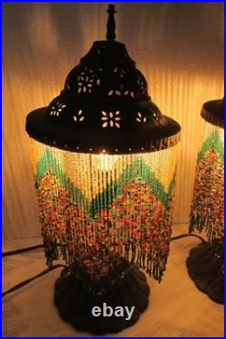 Vintage Pair Dresser Table Mantle Lamps Glass Beads Bronze Metal Shades MCM BOHO
