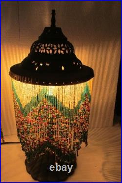 Vintage Pair Dresser Table Mantle Lamps Glass Beads Bronze Metal Shades MCM BOHO