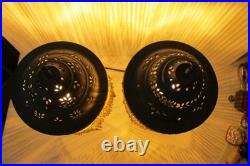 Vintage Pair Dresser Table Mantle Lamps Glass Beads Bronze Metal Shades MCM BOHO