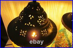 Vintage Pair Dresser Table Mantle Lamps Glass Beads Bronze Metal Shades MCM BOHO
