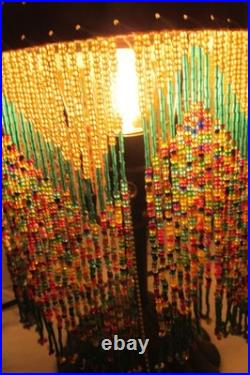 Vintage Pair Dresser Table Mantle Lamps Glass Beads Bronze Metal Shades MCM BOHO