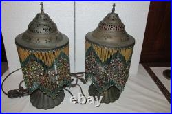 Vintage Pair Dresser Table Mantle Lamps Glass Beads Bronze Metal Shades MCM BOHO