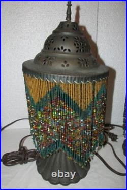 Vintage Pair Dresser Table Mantle Lamps Glass Beads Bronze Metal Shades MCM BOHO