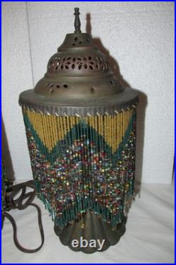 Vintage Pair Dresser Table Mantle Lamps Glass Beads Bronze Metal Shades MCM BOHO