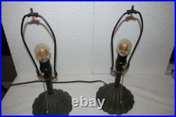 Vintage Pair Dresser Table Mantle Lamps Glass Beads Bronze Metal Shades MCM BOHO