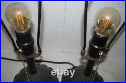 Vintage Pair Dresser Table Mantle Lamps Glass Beads Bronze Metal Shades MCM BOHO