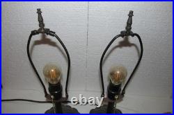Vintage Pair Dresser Table Mantle Lamps Glass Beads Bronze Metal Shades MCM BOHO