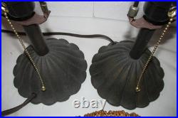 Vintage Pair Dresser Table Mantle Lamps Glass Beads Bronze Metal Shades MCM BOHO