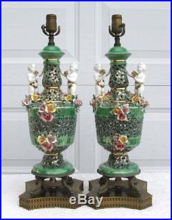 Vintage Pair Emerald Green Porcelain Roses Cherubs Dolphin Base Capodimonte Lamp