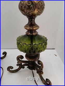 Vintage Pair Falkenstein Bronze and Green Glass Mid Century Table Lamps withShades