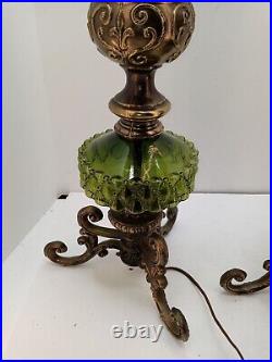 Vintage Pair Falkenstein Bronze and Green Glass Mid Century Table Lamps withShades