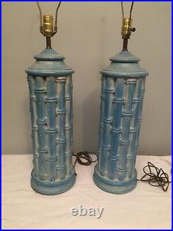 Vintage Pair Faux Bamboo Blue Plaster Table Lamps Hollywood Regency Mid Century