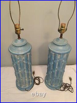 Vintage Pair Faux Bamboo Blue Plaster Table Lamps Hollywood Regency Mid Century