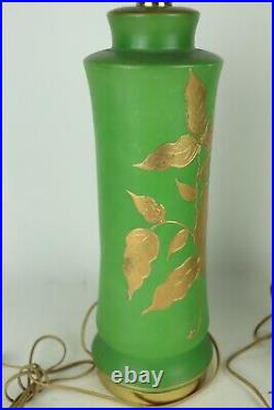 Vintage Pair Green Glazed Ceramic Table Lamps Gold Painted Leaves, Tested/Works