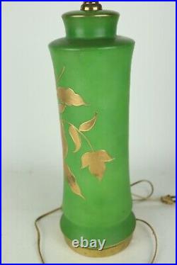 Vintage Pair Green Glazed Ceramic Table Lamps Gold Painted Leaves, Tested/Works