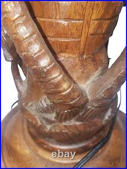 Vintage Pair Hand Carved Teak Wood Table Lamp Tall Asian Design Man Trees Antelo