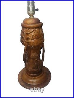 Vintage Pair Hand Carved Teak Wood Table Lamp Tall Asian Design Man Trees Antelo
