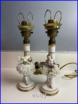 Vintage Pair MULLER VOLKSTEDT DRESDEN LACE FIGURAL PORCELAIN TABLE LAMP Germany