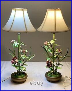 Vintage Pair Metal Table Lamps pink Roses Flowers leafs. Metal base. With shadow