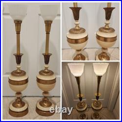 Vintage Pair Mid-Century 1950s Brass & Ceramic Torchiere Table Lamps Glass Shade