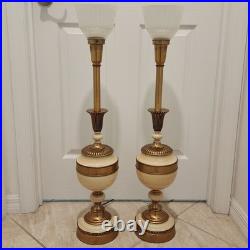 Vintage Pair Mid-Century 1950s Brass & Ceramic Torchiere Table Lamps Glass Shade