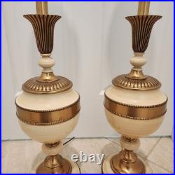 Vintage Pair Mid-Century 1950s Brass & Ceramic Torchiere Table Lamps Glass Shade