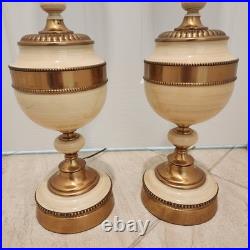 Vintage Pair Mid-Century 1950s Brass & Ceramic Torchiere Table Lamps Glass Shade