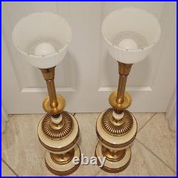 Vintage Pair Mid-Century 1950s Brass & Ceramic Torchiere Table Lamps Glass Shade