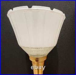 Vintage Pair Mid-Century 1950s Brass & Ceramic Torchiere Table Lamps Glass Shade