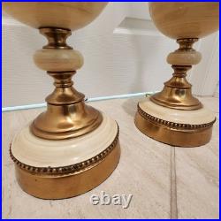 Vintage Pair Mid-Century 1950s Brass & Ceramic Torchiere Table Lamps Glass Shade