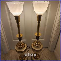 Vintage Pair Mid-Century 1950s Brass & Ceramic Torchiere Table Lamps Glass Shade