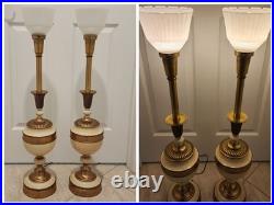 Vintage Pair Mid-Century 1950s Brass & Ceramic Torchiere Table Lamps Glass Shade