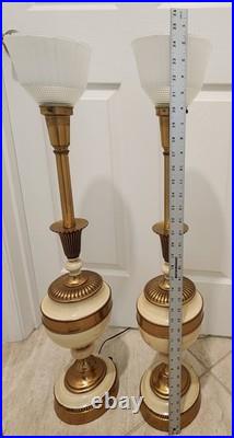 Vintage Pair Mid-Century 1950s Brass & Ceramic Torchiere Table Lamps Glass Shade