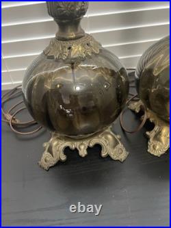 Vintage Pair Mid Century Hollywood Regency Amber Glass & Brass Table Lamps MCM