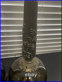 Vintage Pair Mid Century Hollywood Regency Amber Glass & Brass Table Lamps MCM