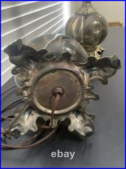 Vintage Pair Mid Century Hollywood Regency Amber Glass & Brass Table Lamps MCM