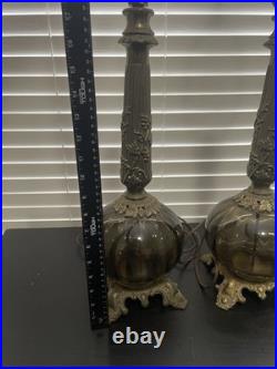 Vintage Pair Mid Century Hollywood Regency Amber Glass & Brass Table Lamps MCM