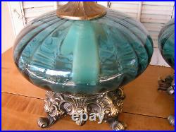 Vintage Pair Mid Century Modern Blue Ribbed Glass Table Lamps Hollywood Regency