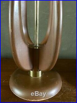 Vintage Pair Mid Century Modern Danish Table Lamps Wood Brass Wishbone Modeline