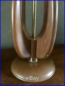 Vintage Pair Mid Century Modern Danish Table Lamps Wood Brass Wishbone Modeline